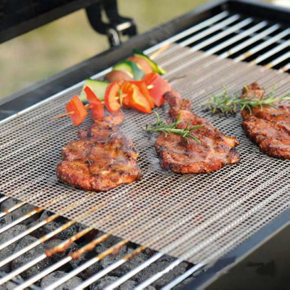 PTFE mesh grill mat used on BBQ grill with food application
