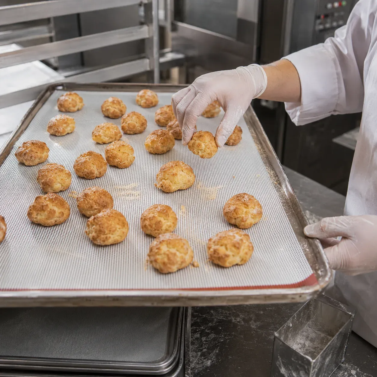 Choux pastry on a silicone mesh bakery tray liner