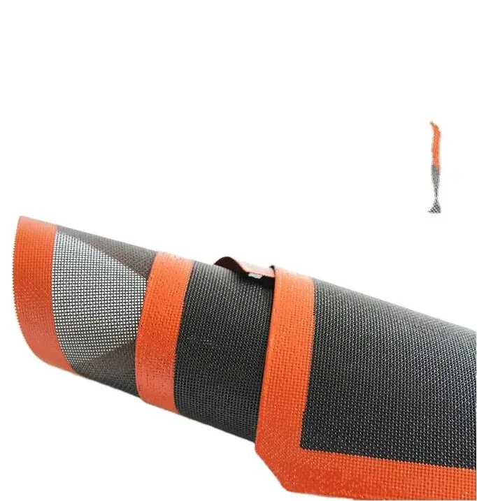 Rolled silicone mesh baking mat showing flexible open mesh material