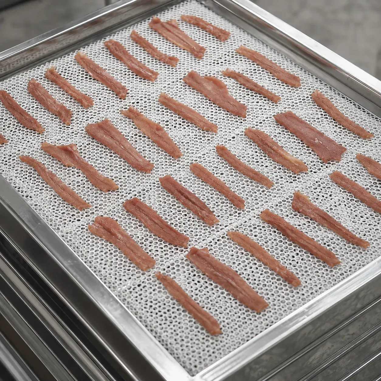 Jerky strips on a white silicone mesh drying mat