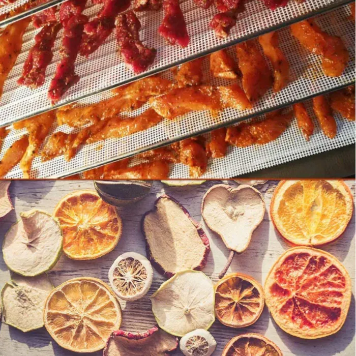 Jerky drying on reusable white silicone mesh mats