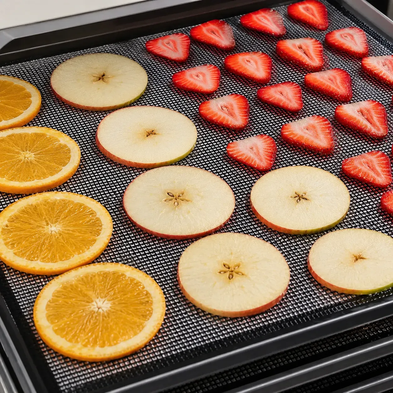 Fruit slices on a silicone mesh baking mat
