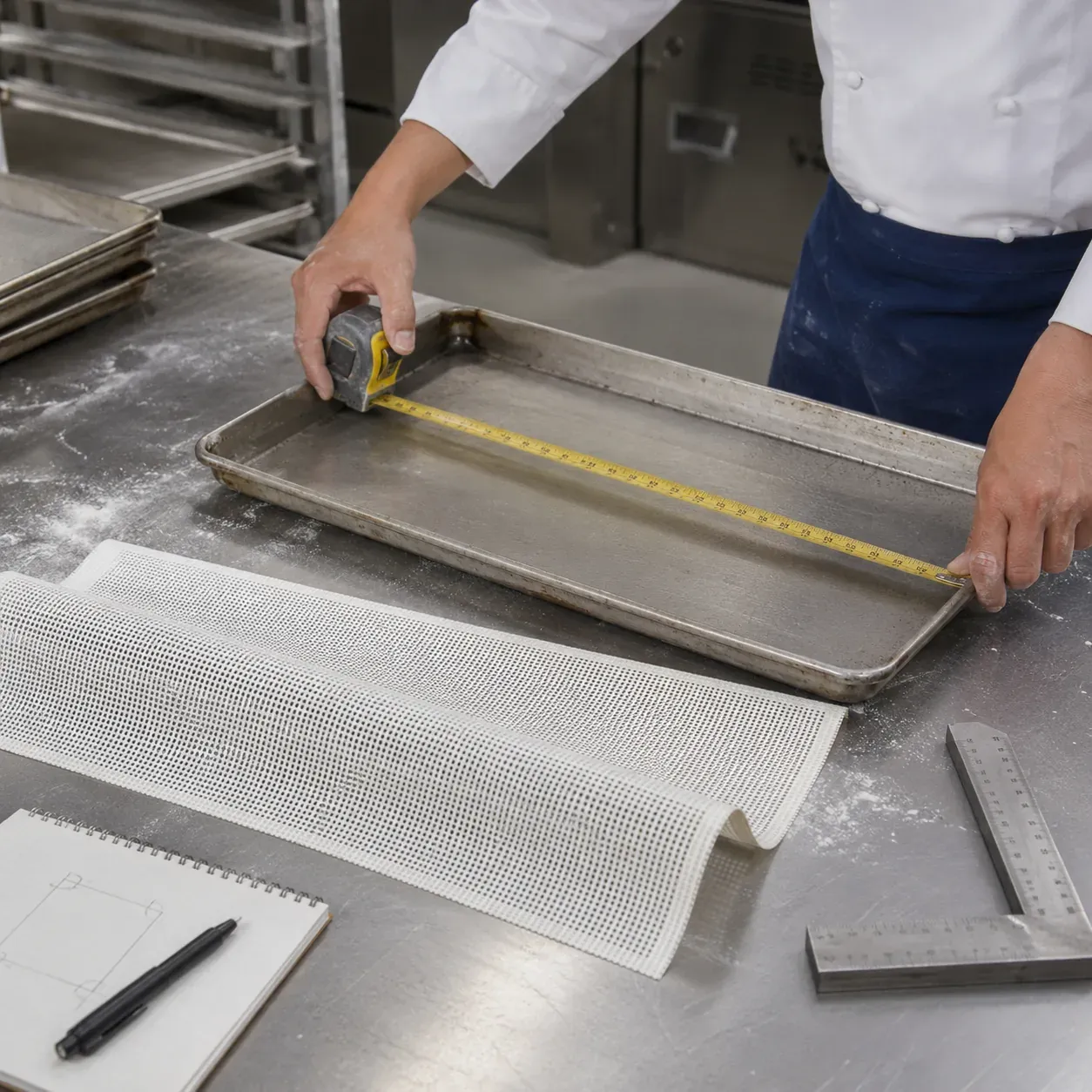 Silicone mesh mat fitted to a pastry tray